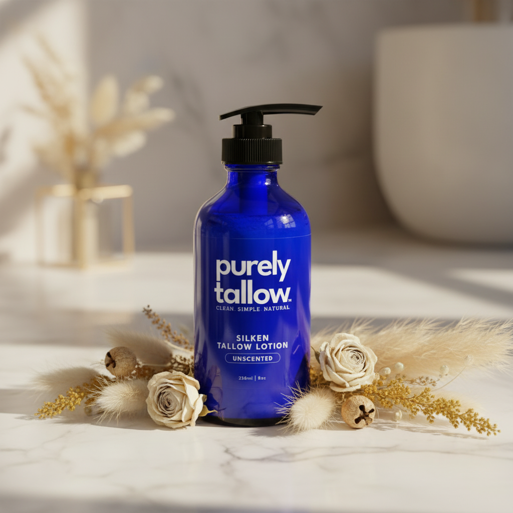Silken Tallow Pump Lotion on marble with botanicals