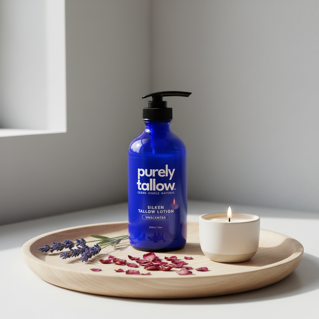 Silken Tallow Pump Lotion lifestyle flat lay with lavender and rose petals
