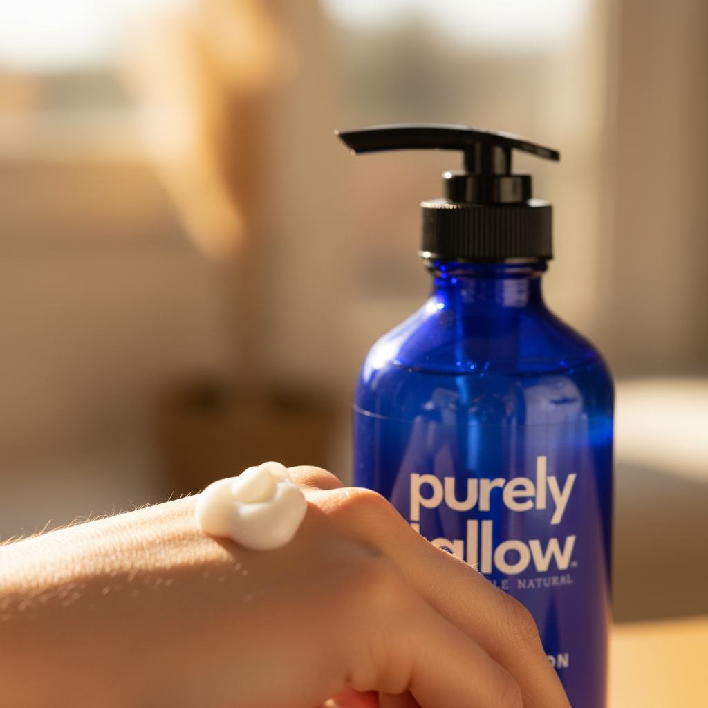 Silken Tallow Pump Lotion texture shot with lotion on hand